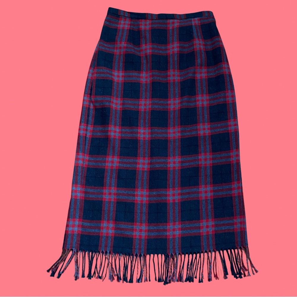 Vintage 80s/90s Plaid Preppy Blanket Fringe High Waisted Cozy Cute Midi Skirt 12